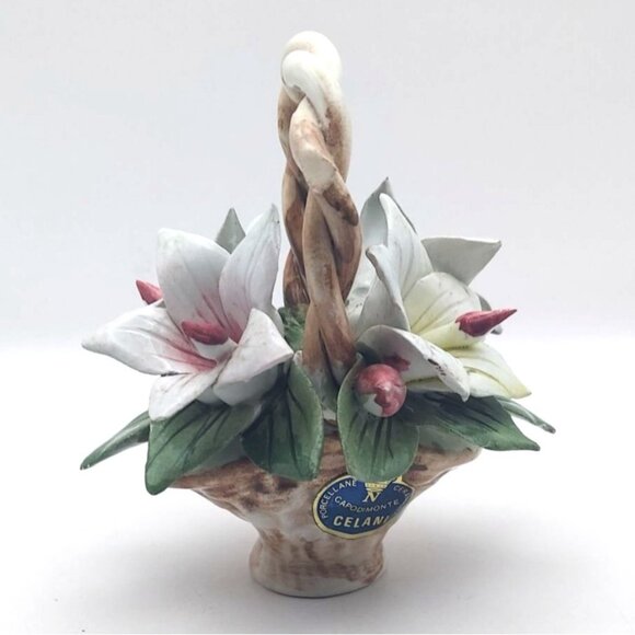 Vintage Capodimonte Porcelain Floral Twisted Handle Basket Lillies Celani Italy - Picture 1 of 7